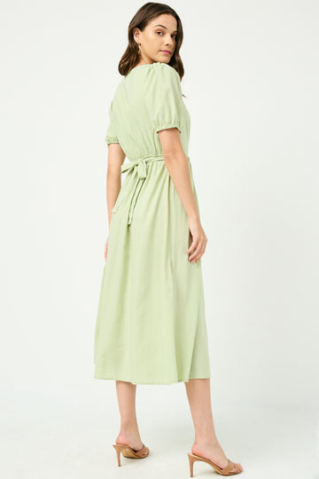 HY2965 TAUPE Womens Buttoned Puff Sleeve Tie Back Midi Dress FRONT